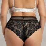 Close-up texture of contrast floral lace insets and striped fabric on Flourish high waist brief