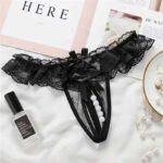 Lace Open Crotch with Beads Sexy Erotic Panties in Black showing sheer floral lace and pearl strand by Flourish Undergarments